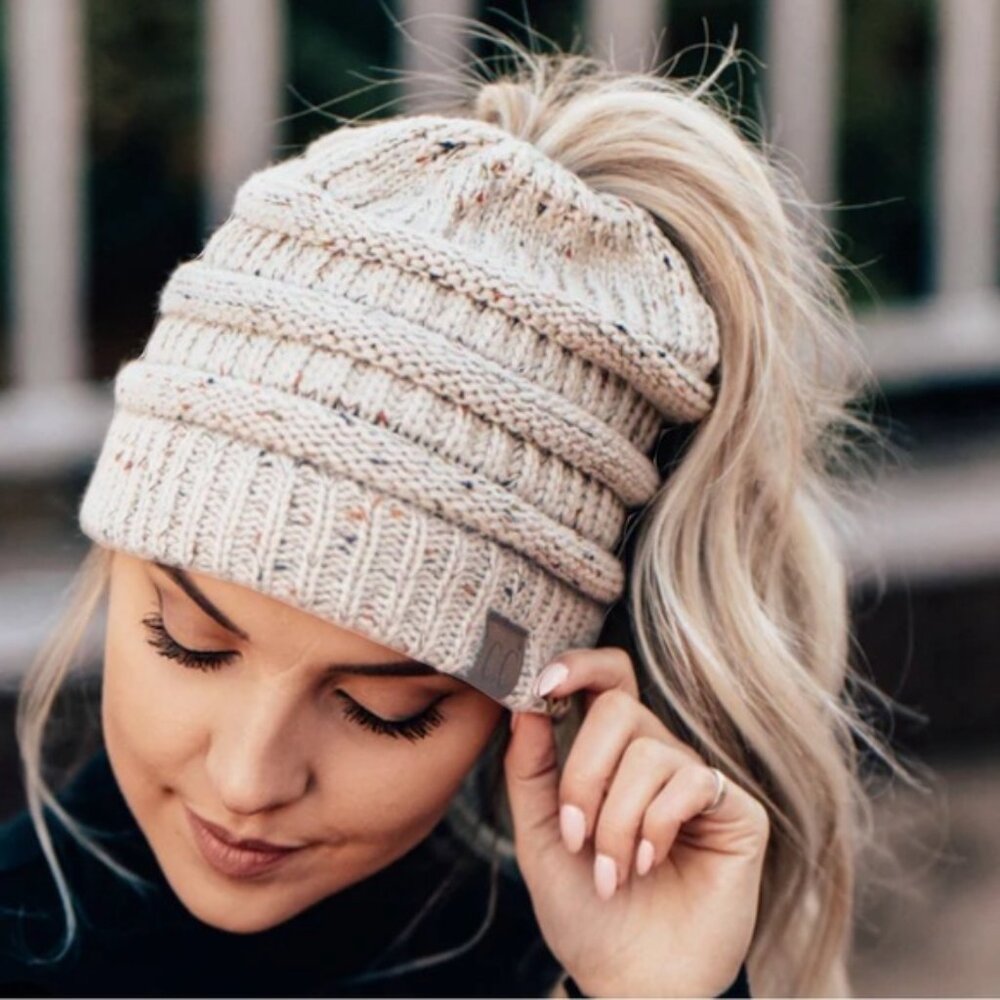 C.C. Pink Ponytail Beanie Knitting Wool Hat